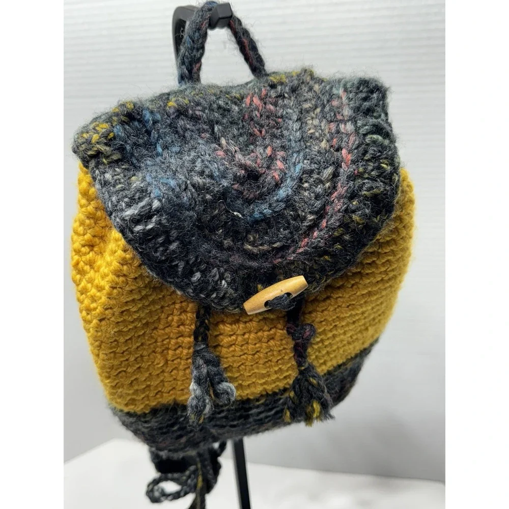 UNIQUE‎ Crochet Backpack W/hair Ties 70s Festival Hippie Blue-Yellow Boho Bag